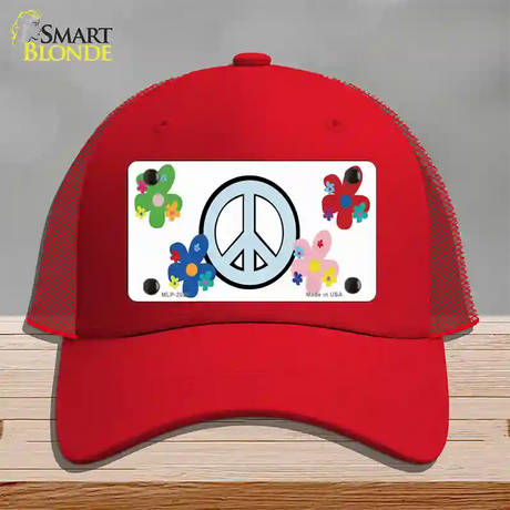 Peace Sign and Flowers Novelty License Plate Hat Mesh / Red