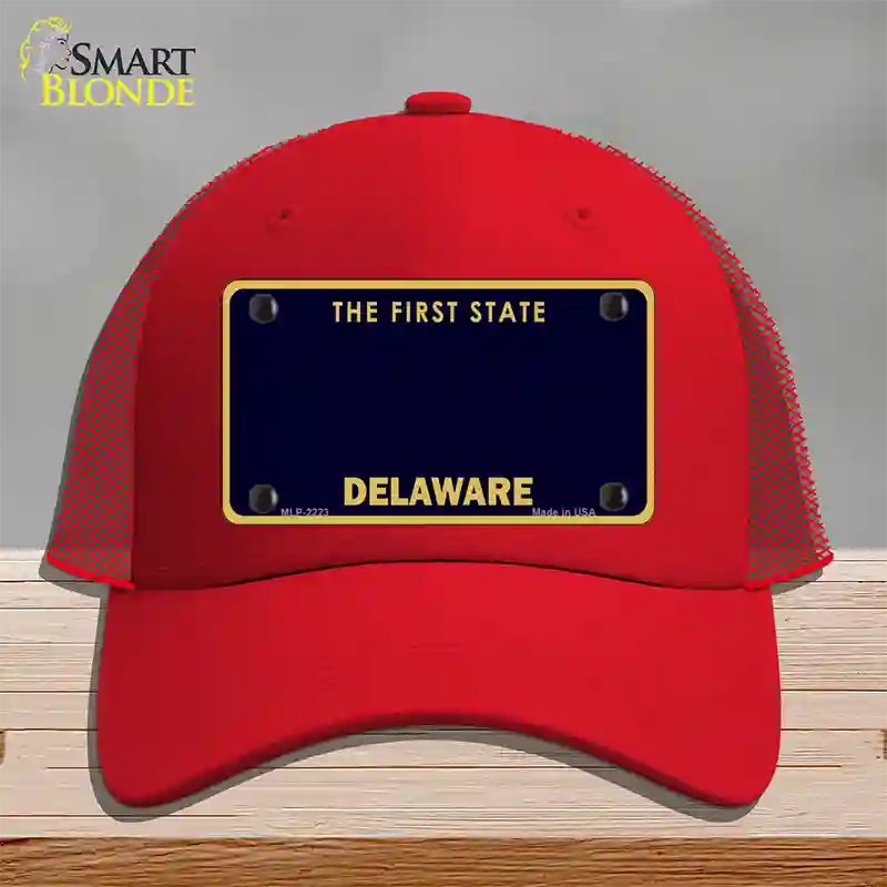 Delaware State Blank Novelty License Plate Hat Mesh / Red