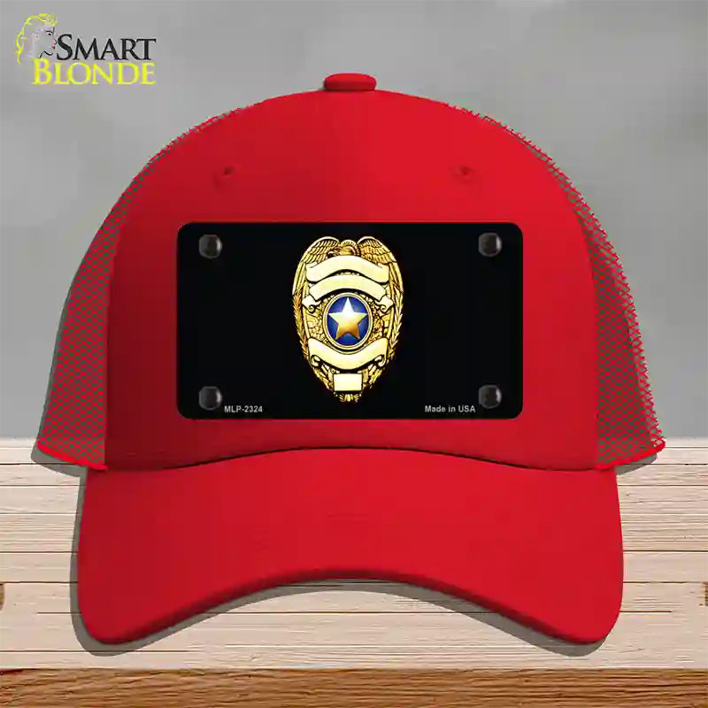 Police Badge Novelty License Plate Hat Mesh / Red