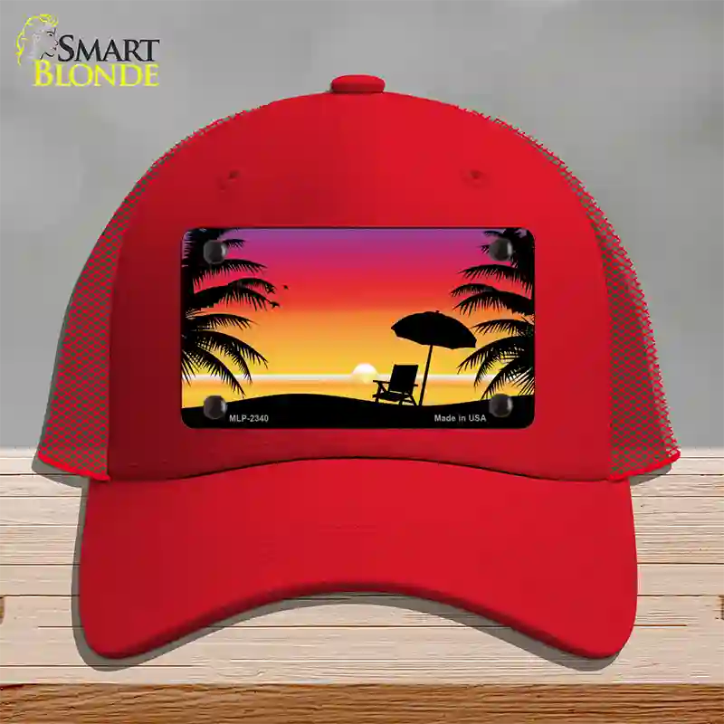 Sunset Beach Novelty License Plate Hat Mesh / Red