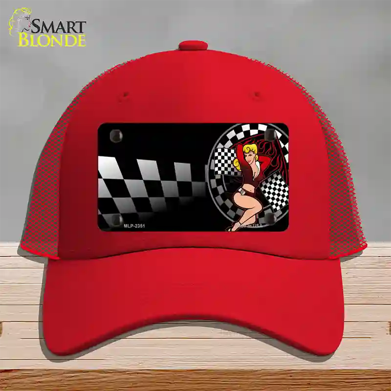 Racing Pin Up Girl Novelty License Plate Hat Mesh / Red