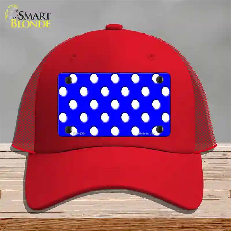 White Polka Dots Royal Blue Novelty License Plate Hat Mesh / Red