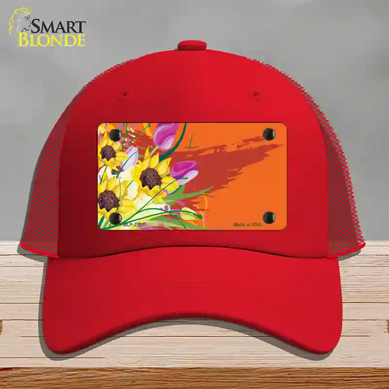 Floral Bouquet Offset Novelty License Plate Hat Mesh / Red