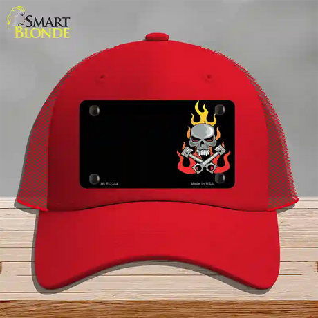 Gear Head Skull Offset Novelty License Plate Hat Mesh / Red