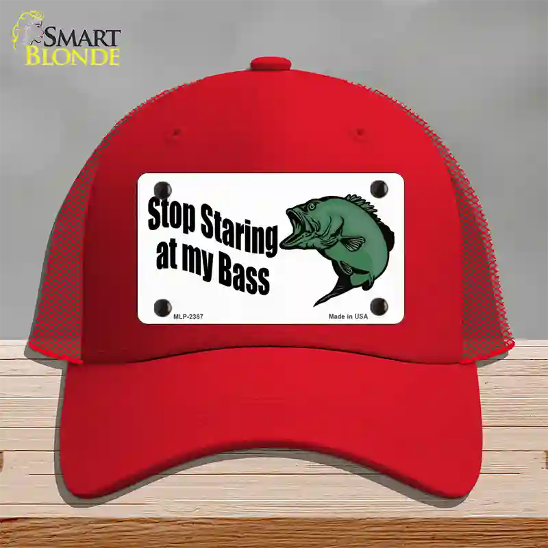 Stop Staring At My Bass Novelty License Plate Hat Mesh / Red