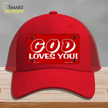 God Loves You Novelty License Plate Hat Mesh / Red