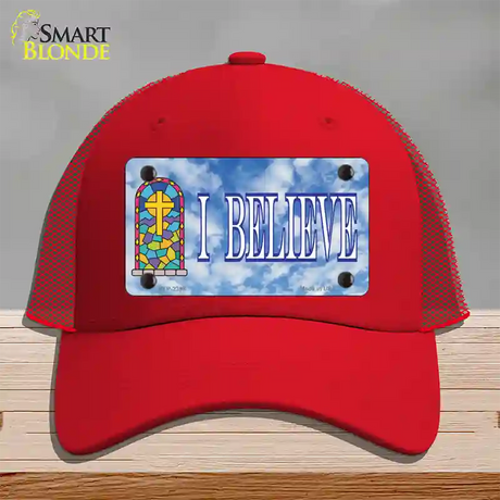 I Believe Novelty License Plate Hat Mesh / Red