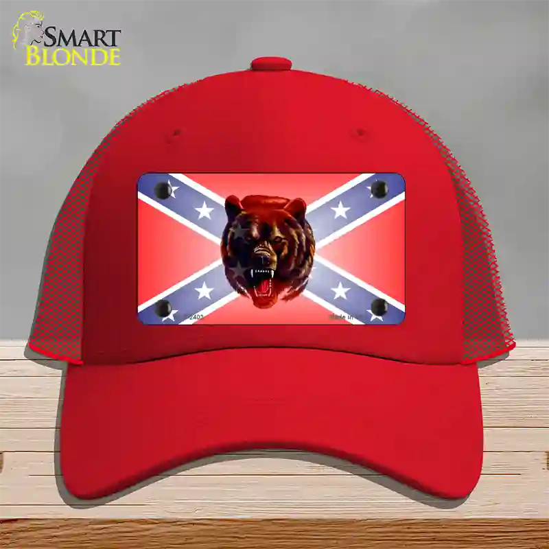 Confederate Flag Grizzly Bear Novelty License Plate Hat Mesh / Red