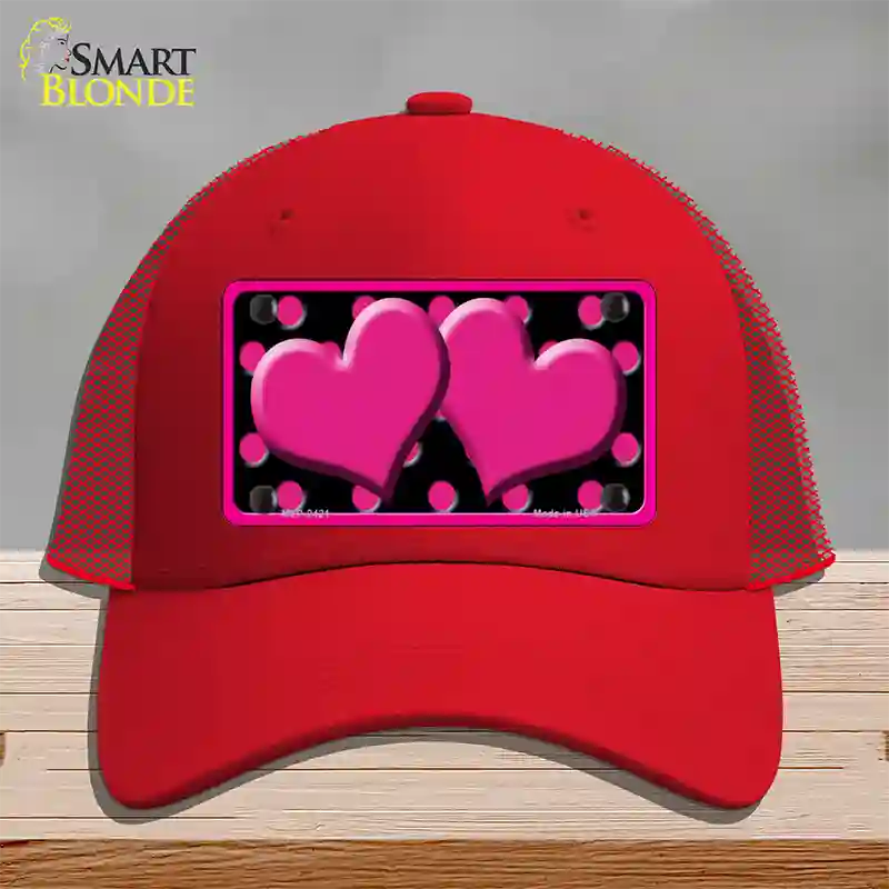 Hot Pink Black Polka Dot Hot Pink Center Hearts Novelty License Plate Hat Mesh / Red