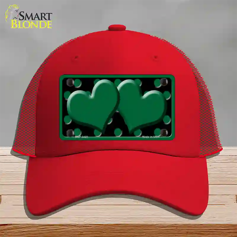 Green Black Polka Dot Green Center Hearts Novelty License Plate Hat Mesh / Red