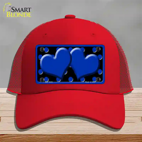 Blue Black Polka Dot Blue Center Hearts Novelty License Plate Hat Mesh / Red