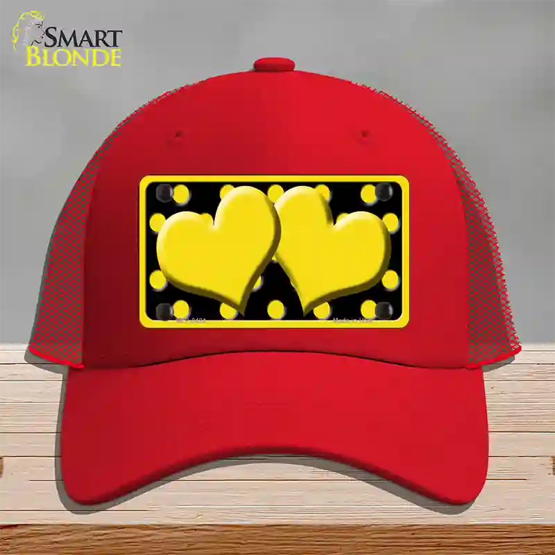 Yellow Black Polka Dot Yellow Center Hearts Novelty License Plate Hat Mesh / Red