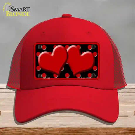 Red Black Polka Dot Red Center Hearts Novelty License Plate Hat Mesh / Red