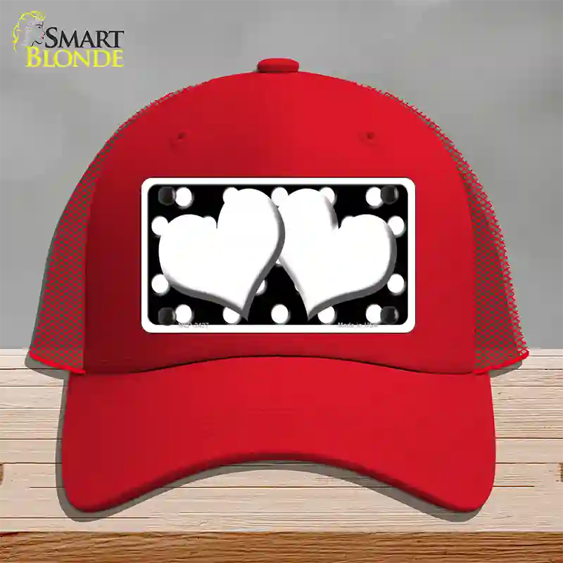 White Black Polka Dot Black Center Hearts Novelty License Plate Hat Mesh / Red