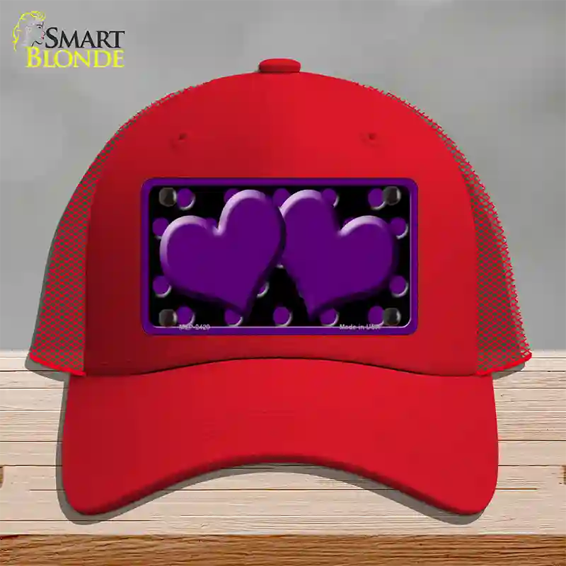 Purple Black Polka Dot Purple Center Hearts Novelty License Plate Hat Mesh / Red