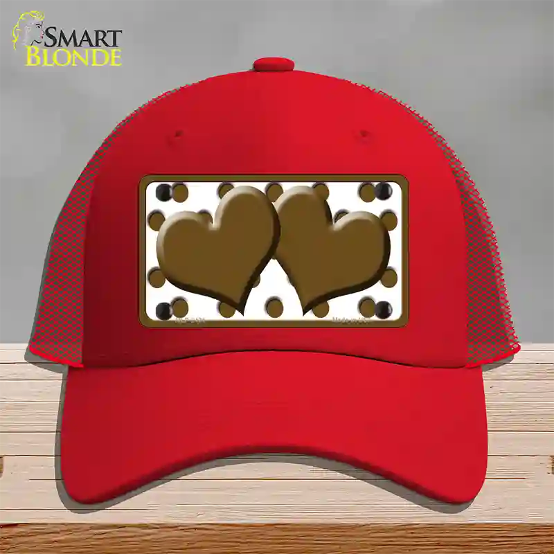 Brown White Polka Dot Brown Centered Hearts Novelty License Plate Hat Mesh / Red