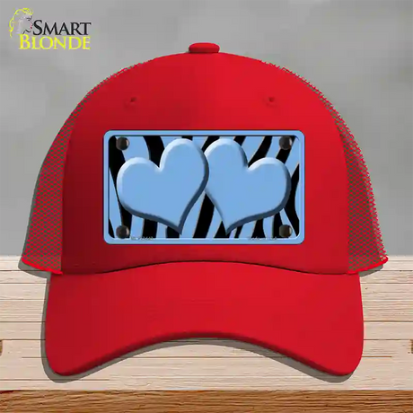 Light Blue Black Zebra Light Blue Centered Hearts Novelty License Plate Hat Mesh / Red