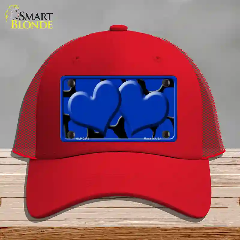 Blue Black Giraffe Blue Centered Hearts Novelty License Plate Hat Mesh / Red