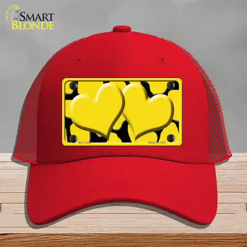 Yellow Black Giraffe Yellow Centered Hearts Novelty License Plate Hat Mesh / Red