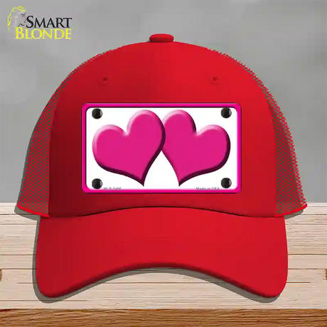 Solid Pink Centered Hearts White Novelty License Plate Hat Mesh / Red