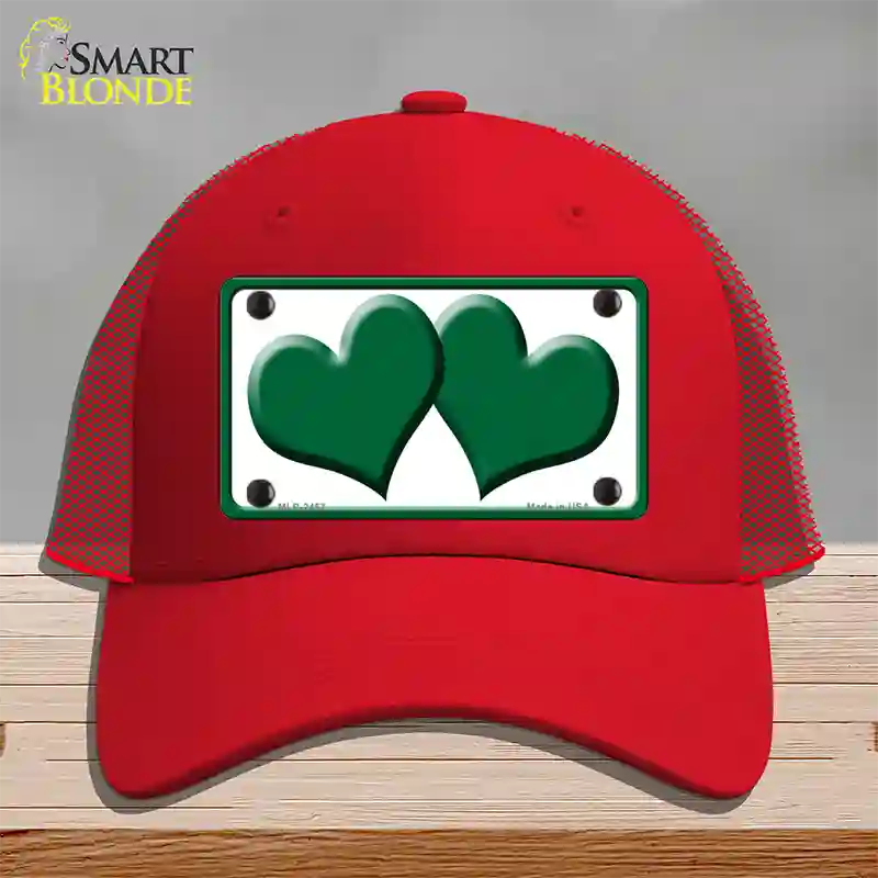 Solid Green Centered Hearts White Novelty License Plate Hat Mesh / Red