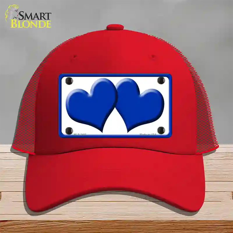 Solid Blue Centered Hearts White Novelty License Plate Hat Mesh / Red