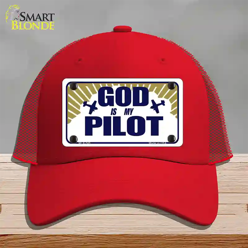 God Is My Pilot Novelty License Plate Hat Mesh / Red