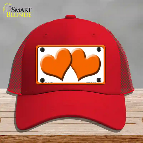 Solid Orange Centered Hearts White Novelty License Plate Hat Mesh / Red