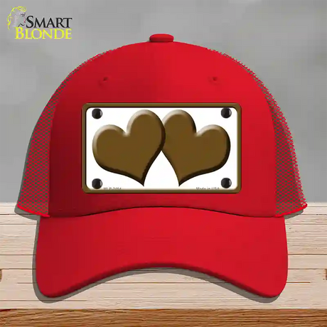 Solid Brown Centered Hearts White Novelty License Plate Hat Mesh / Red