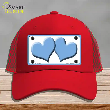 Solid Light Blue Centered Hearts White Novelty License Plate Hat Mesh / Red