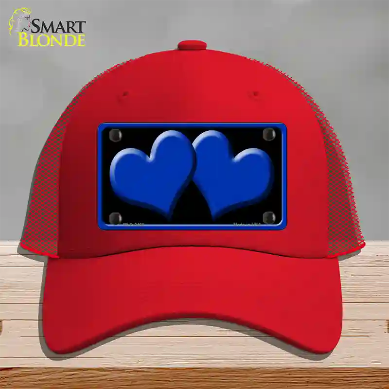 Solid Blue Centered Hearts Black Novelty License Plate Hat Mesh / Red