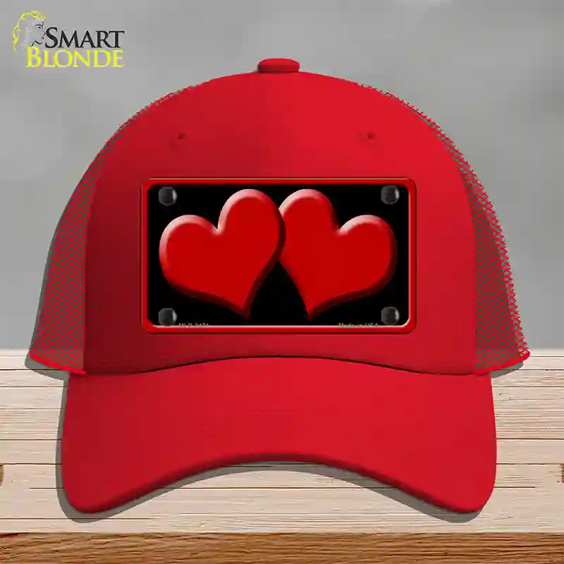 Solid Red Centered Hearts Black Novelty License Plate Hat Mesh / Red