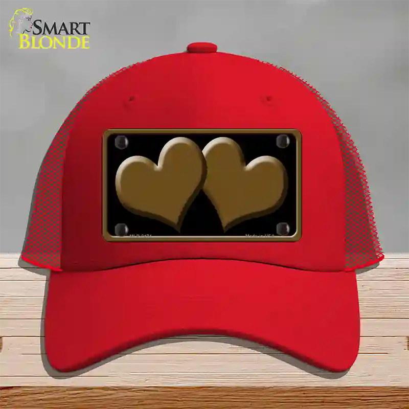 Solid Brown Centered Hearts Black Novelty License Plate Hat Mesh / Red