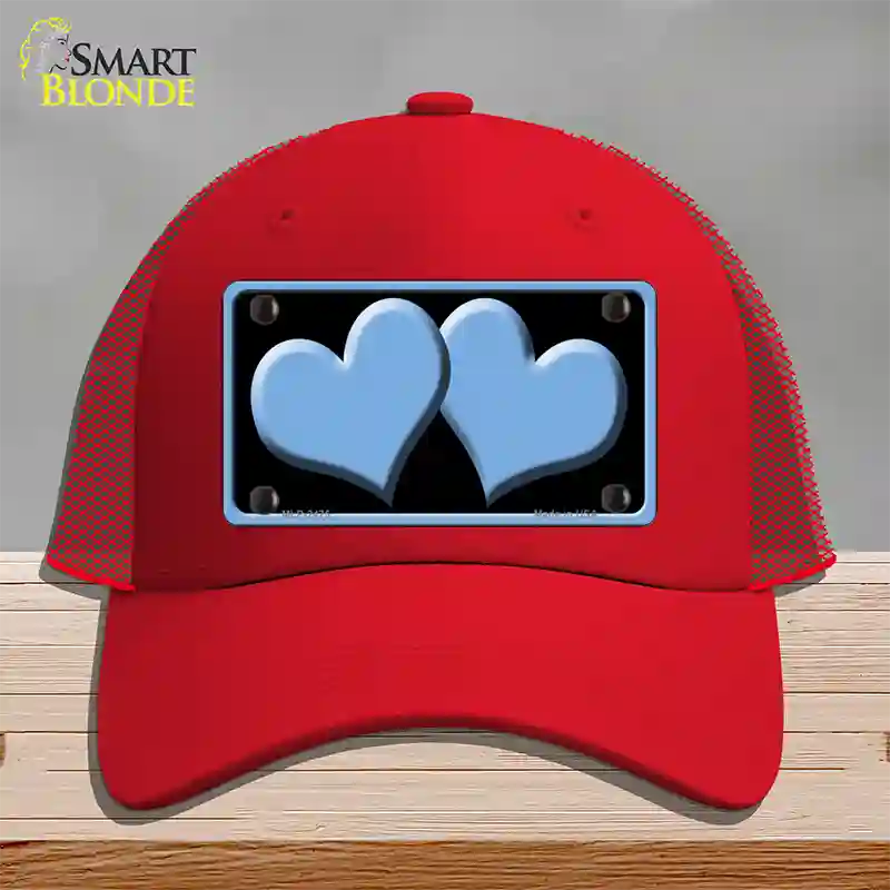 Solid Light Blue Centered Hearts Black Novelty License Plate Hat Mesh / Red