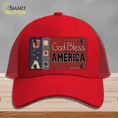 God Bless America Quilt Novelty License Plate Hat Mesh / Red