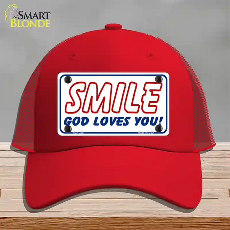 Smile God Loves You Novelty License Plate Hat Mesh / Red