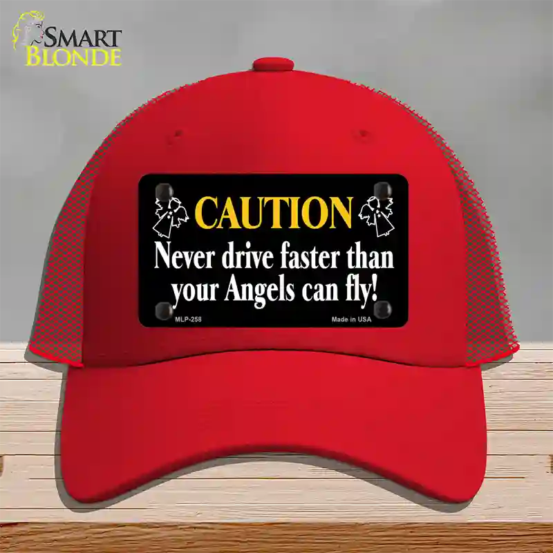 Never Drive Faster Than Angels Fly Novelty License Plate Hat Mesh / Red