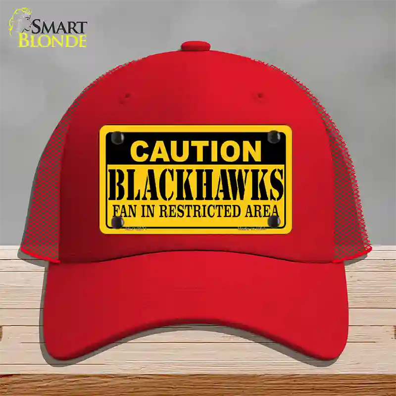 Caution Blackhawks Novelty License Plate Hat Mesh / Red