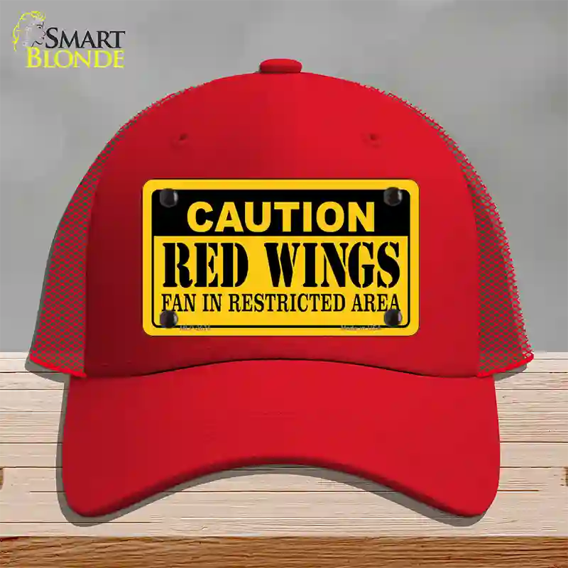 Caution Red Wings Novelty License Plate Hat Mesh / Red