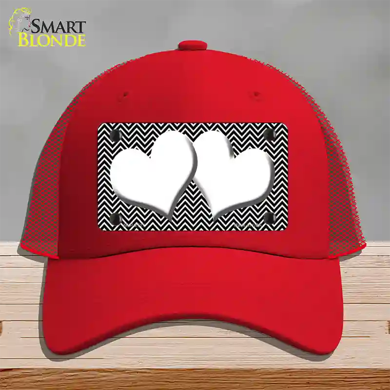 Black White Chevron White Center Hearts Novelty License Plate Hat Mesh / Red