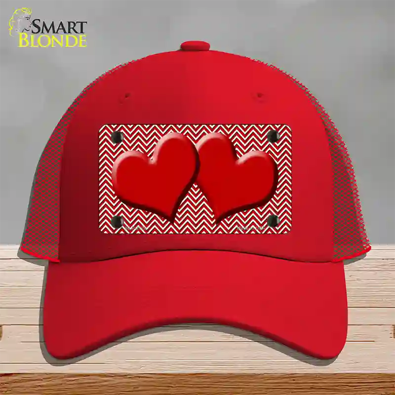 Red White Chevron Red Center Hearts Novelty License Plate Hat Mesh / Red