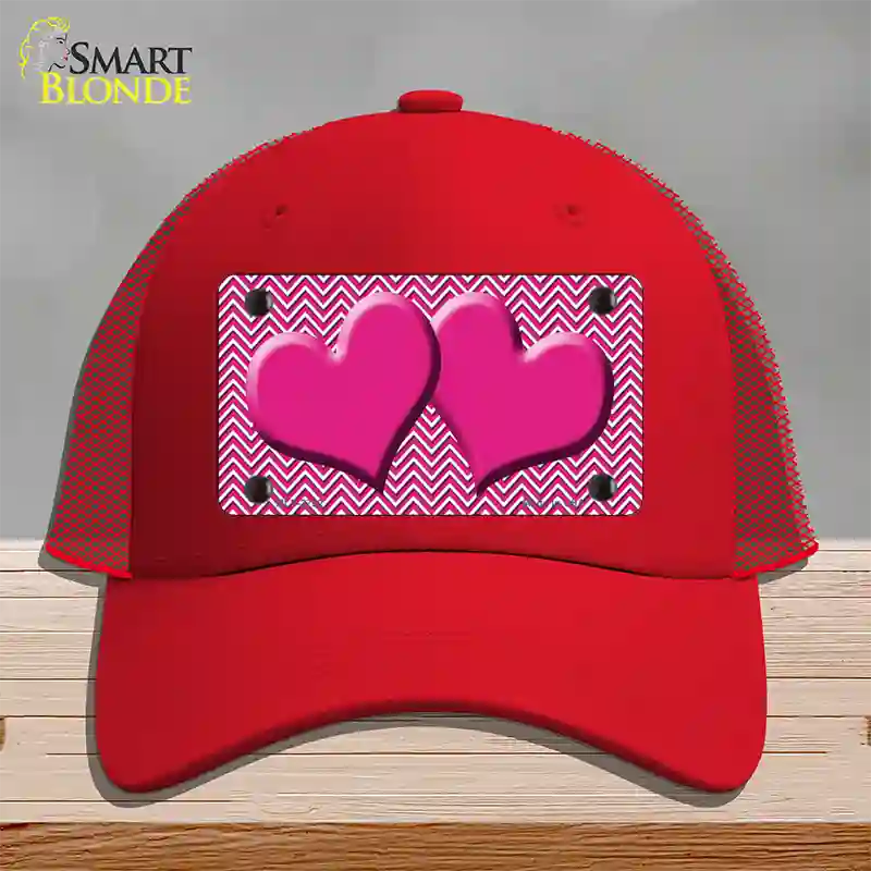 Pink White Chevron Pink Center Hearts Novelty License Plate Hat Mesh / Red