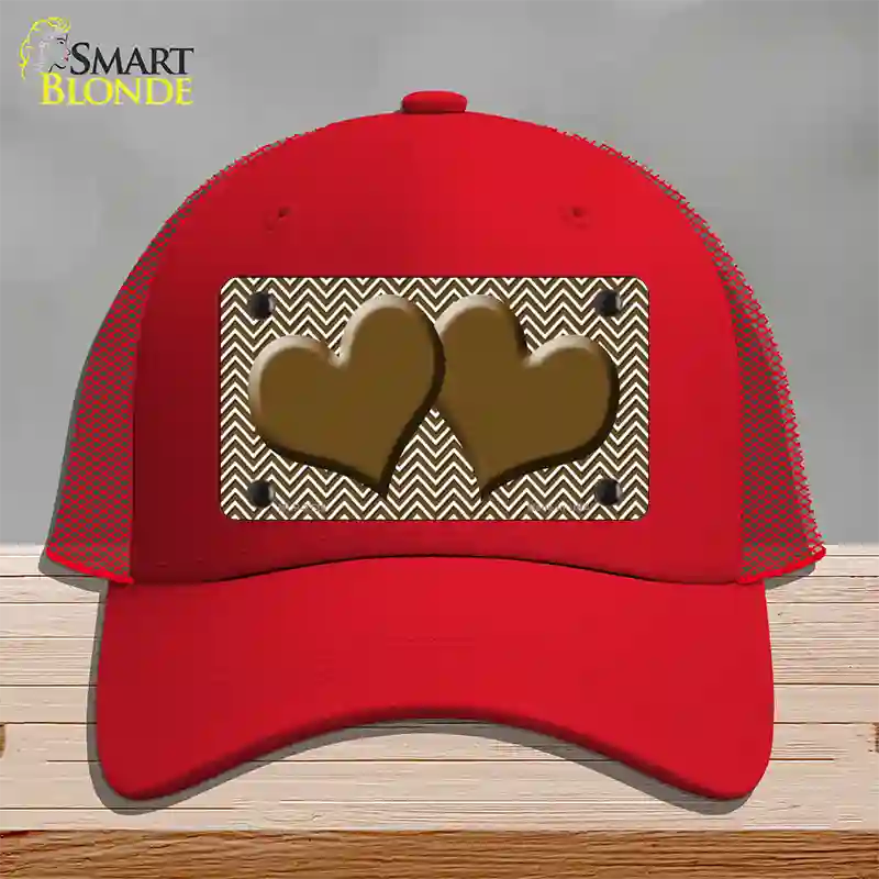 Brown White Chevron Brown Center Hearts Novelty License Plate Hat Mesh / Red