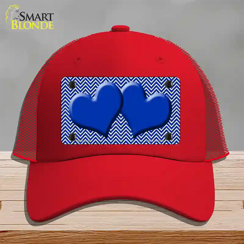 Blue White Chevron Blue Center Hearts Novelty License Plate Hat Mesh / Red