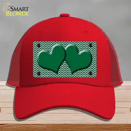 Green White Chevron Green Center Hearts Novelty License Plate Hat Mesh / Red