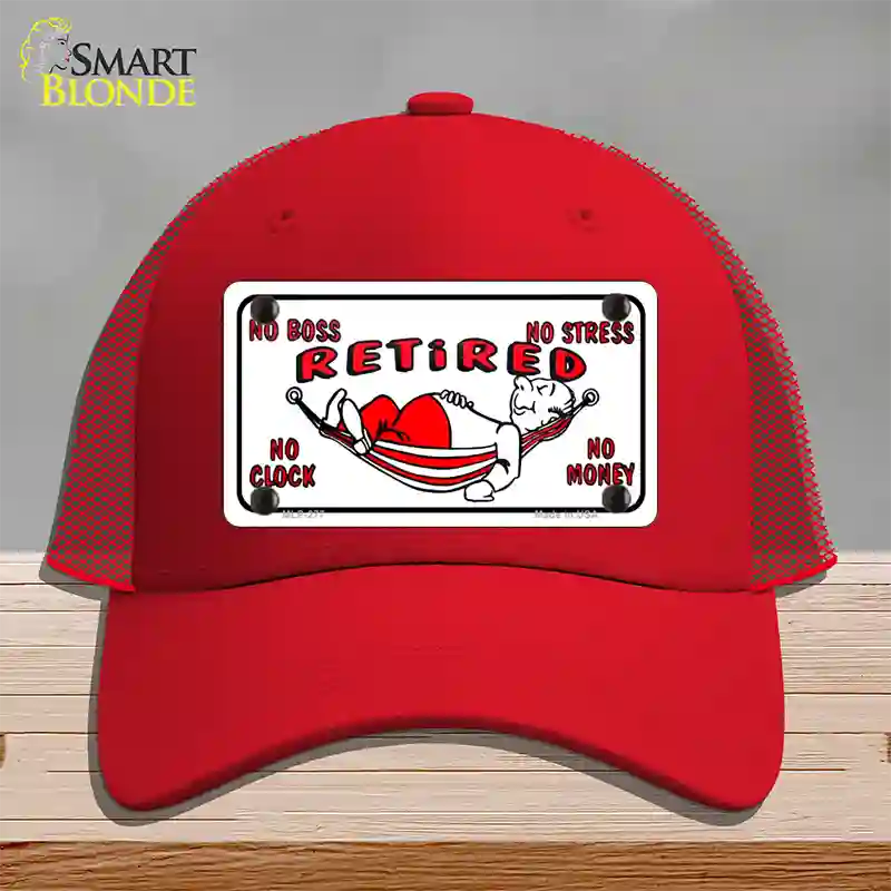 Retired With Hammock Novelty License Plate Hat Mesh / Red