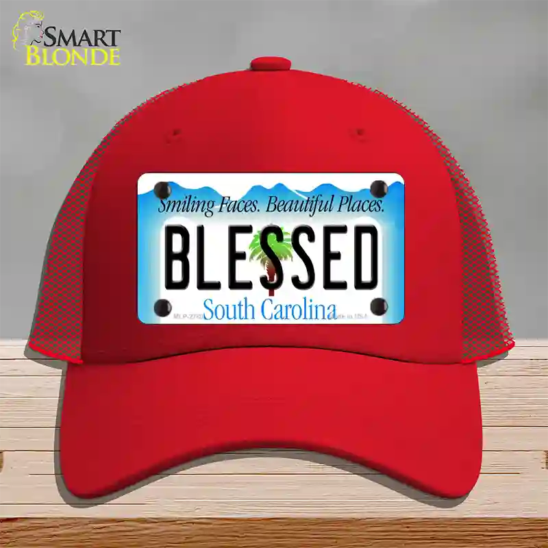 Blessed South Carolina Blue Novelty License Plate Hat Mesh / Red