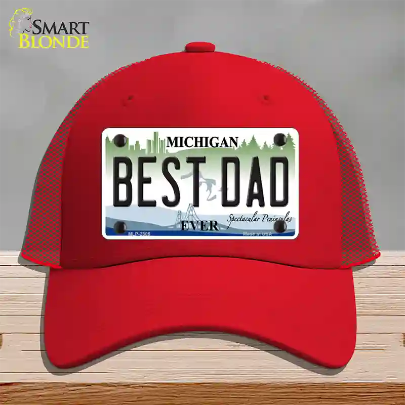 Best Dad Michigan State Novelty License Plate Hat Mesh / Red