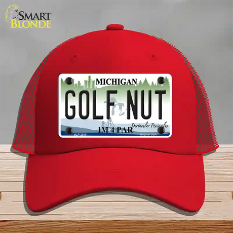 Golf Nut Michigan State Novelty License Plate Hat Mesh / Red