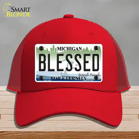 Blessed Michigan State Novelty License Plate Hat Mesh / Red